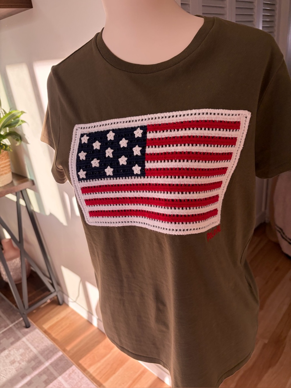 Ralph Lauren Olive Green Women’s Tee with Crocheted American Flag